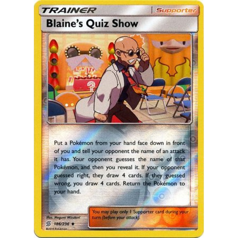 Pokemon Card Unified Minds 186/236 Blaine’s Quiz Show Supporter Reverse Holo Uncommon