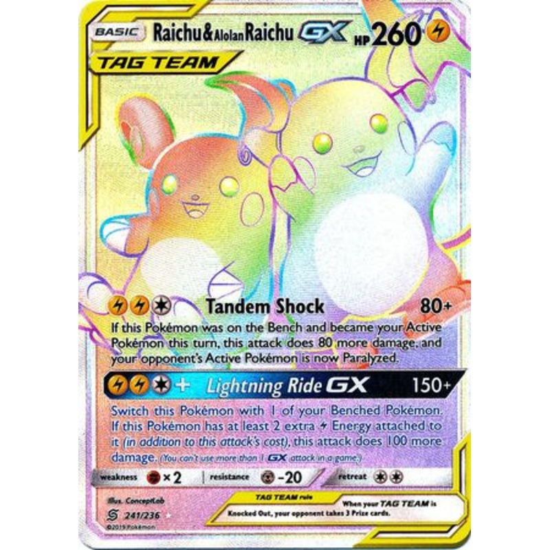 Pokemon Card Unified Minds 241/236 Raichu & Alolan Raichu Tag Team GX Hyper Rare
