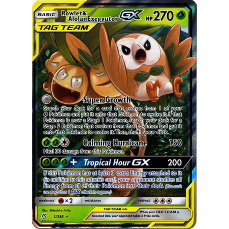 Pokemon Card Unified Minds 001/236 1/236 Rowlet & Alolan Exeggutor Tag Team GX Ultra Rare