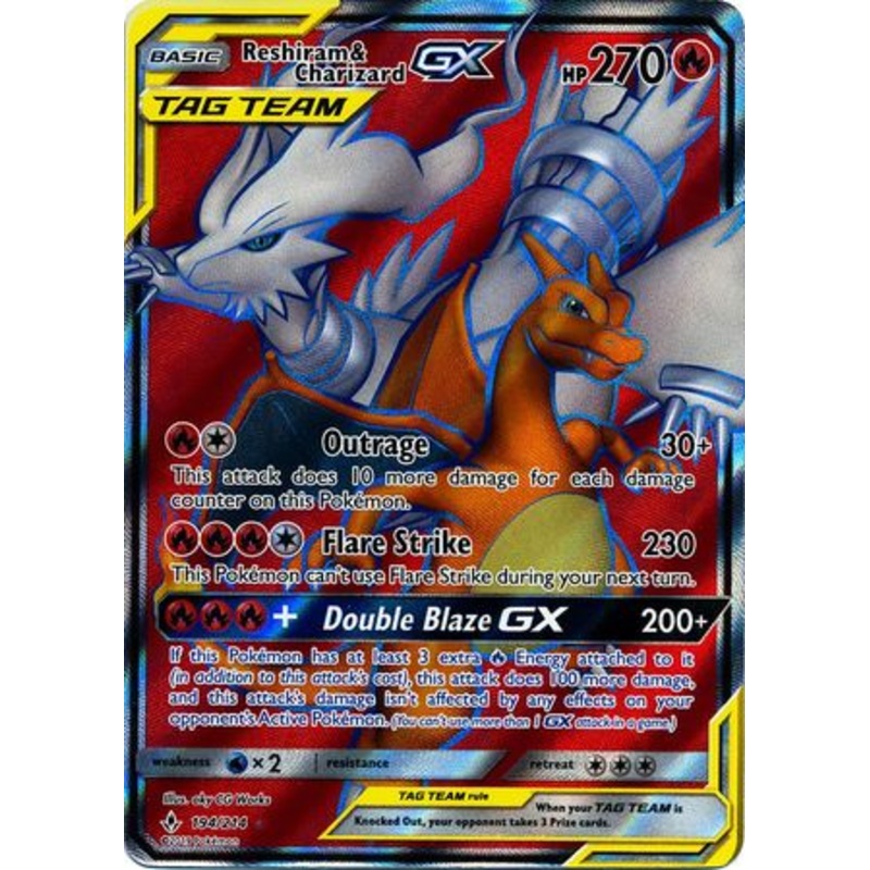 Pokemon Card Unbroken Bonds 194/214 Reshiram & Charizard Tag Team GX Full Art Ultra
