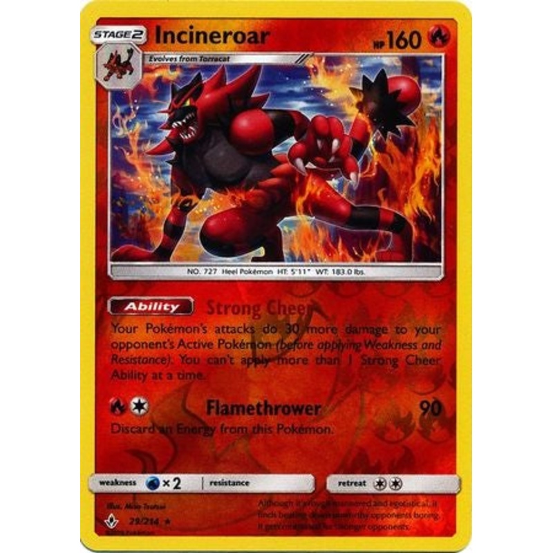 Pokemon Card Unbroken Bonds 29/214 029/214 Incineroar Rare Reverse Holo