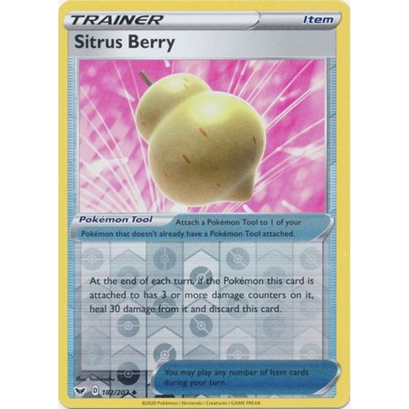 Pokemon Card Sword and Shield 182/202 Sitrus Berry item Reverse Holo Uncommon