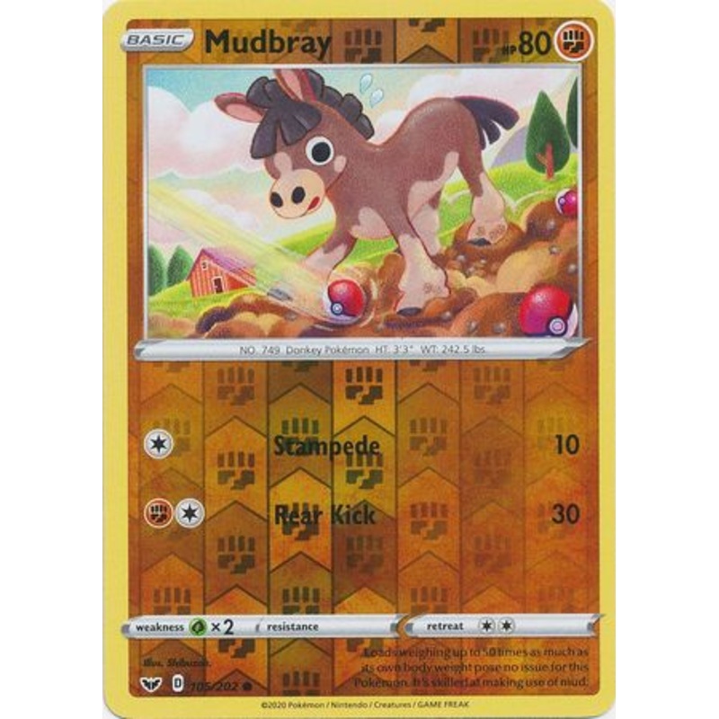 Pokemon Card Sword and Shield 105/202 Mudbray Reverse Holo Common