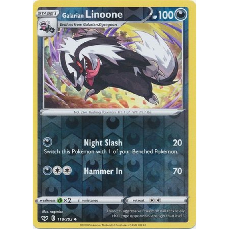 Pokemon Card Sword and Shield 118/202 Galarian Linoone Reverse Holo Uncommon