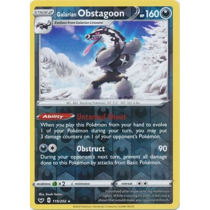 Pokemon Card Sword and Shield 119/202 Galarian Obstagoon Reverse Holo Rare
