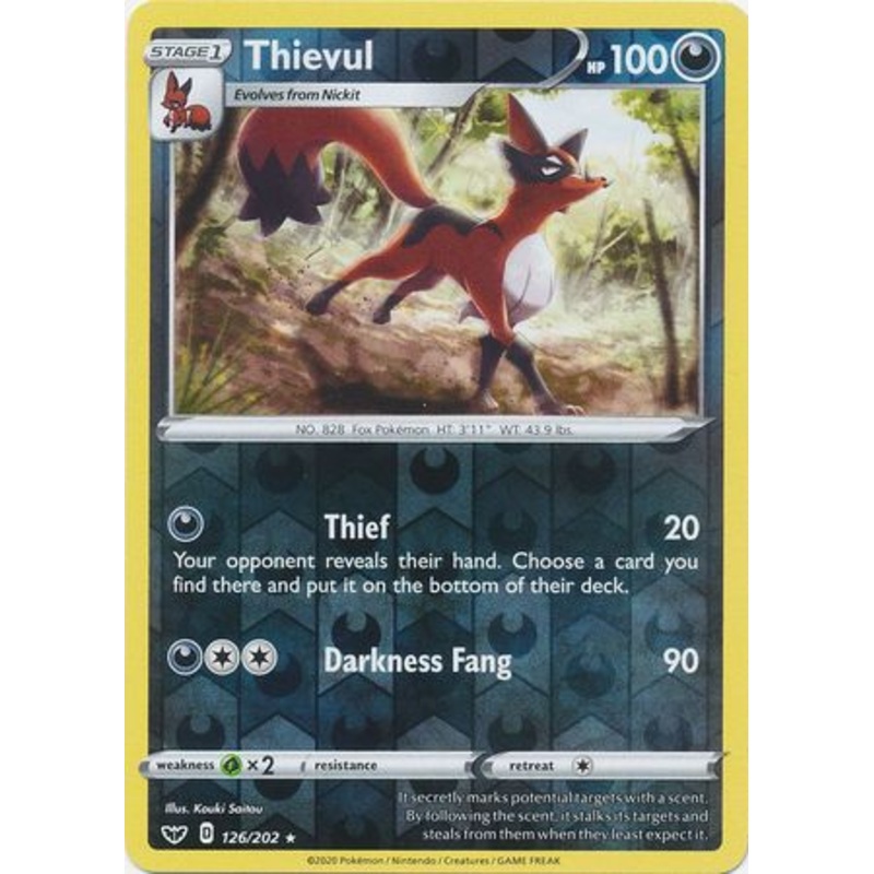Pokemon Card Sword and Shield 126/202 Thievul Reverse Holo Rare
