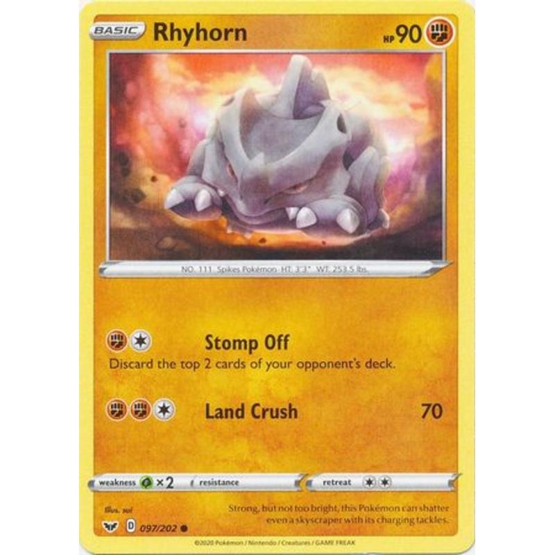 Pokemon Card Sword and Shield 097/202 97/202 Rhyhorn Common