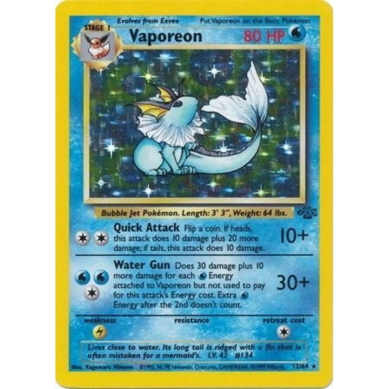 Pokemon Card Jungle Set Unlimited 12/64 Vaporeon Holo Rare NEAR MINT