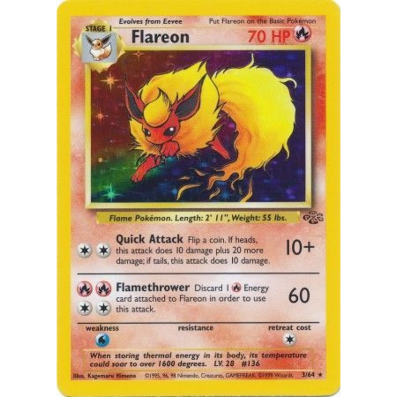 Pokemon Card Jungle Set Unlimited 3/64 Flareon Holo Rare NEAR MINT