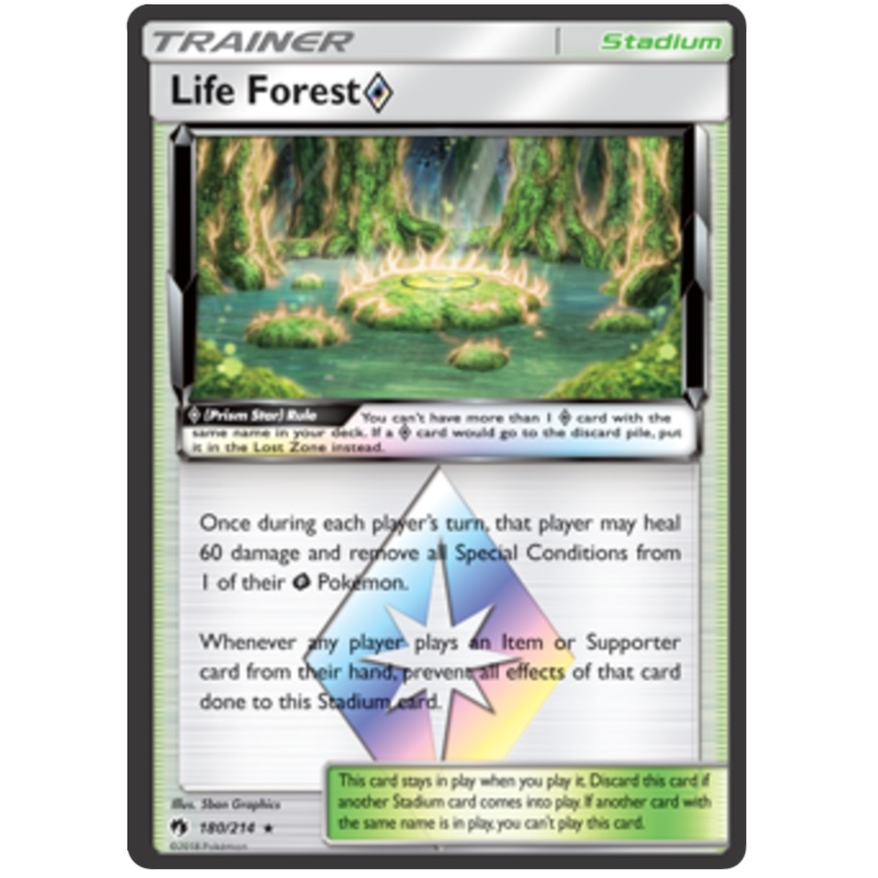 Pokemon Card Lost Thunder 180/214 Life Forest Prism Star Stadium Prism Rare *MINT*