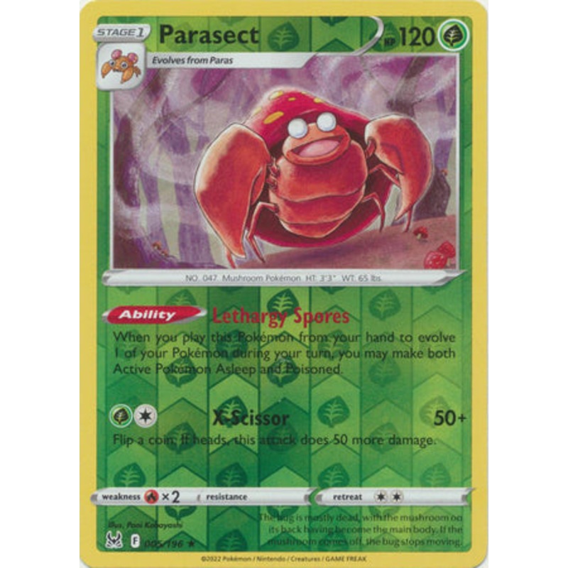 Pokemon Card Lost Origin 005/196 5/196 Parasect Reverse Holo Rare *MINT*