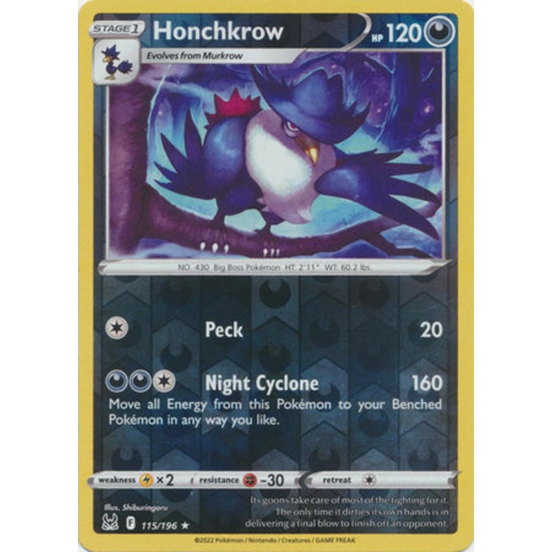 Pokemon Card Lost Origin 115/196 Honchkrow Reverse Holo Rare *MINT*